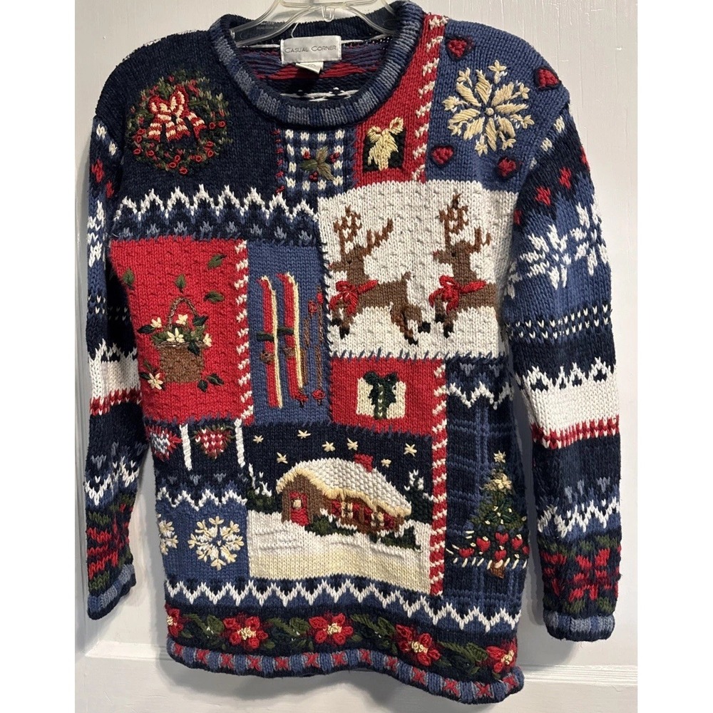 Vintage Nordic Christmas Sweater Women's S Patchwork Winter Holiday Grandma